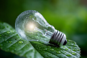 Close-up of a glowing light bulb covered in water droplets resting on a fresh green leaf with dewdrops