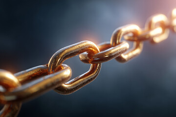 Close-up of a shiny golden metal chain link symbolizing strength and connection with soft light reflections