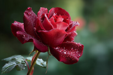 Obraz premium Close-up of a vibrant red rose covered in fresh water droplets against a blurred green background
