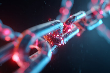 Close-up of a futuristic glowing digital chain link with network connections and vibrant neon lights