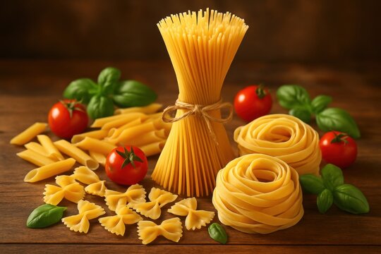 assorted pasta with cherry tomatoes and basil on rustic wood, warm light creating depth and shadows, Italian culinary photography style.