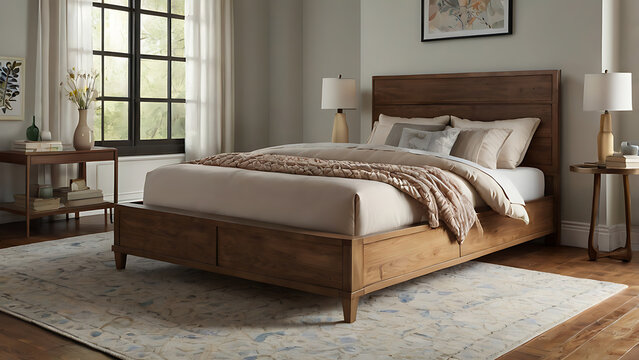 3D image bedroom with bed, lamp, house, luxury, design, comfortable, apartment, bedding, decor, pillows, headboard, blanket