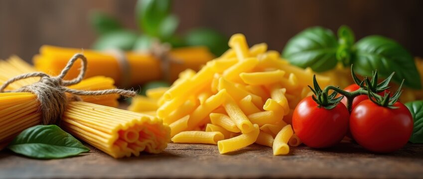 assorted pasta types with cherry tomatoes and basil on rustic wood - Powered by Adobe