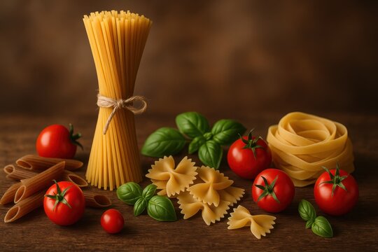 assorted pasta with cherry tomatoes and basil on rustic wood, warm light creating depth and shadows, Italian culinary photography style.