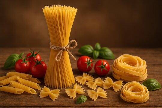 assorted pasta with cherry tomatoes and basil on rustic wood, warm light creating depth and shadows, Italian culinary photography style.