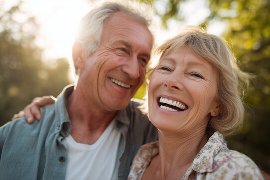 Happy senior couple enjoying a sunny day outdoors, smiling and embracing with joy and love