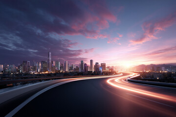 Futuristic city skyline at sunset with illuminated highway light trails curving towards modern skyscrapers