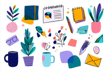 Colorful hand-drawn office and plant elements including notebooks, mugs, glasses, and abstract shapes in a modern flat style