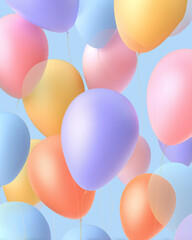 Colorful balloons floating in blue sky with pastel shades creating festive atmosphere and light summer mood