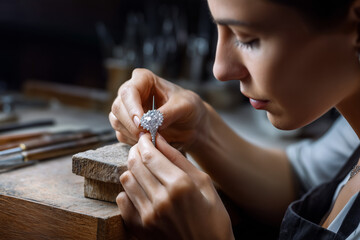 Close-up of a skilled jeweler crafting and inspecting a sparkling diamond ring in a workshop