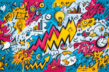 Naklejka premium Colorful abstract business and technology doodles with graphs, charts, light bulbs, arrows, and clocks on vibrant background