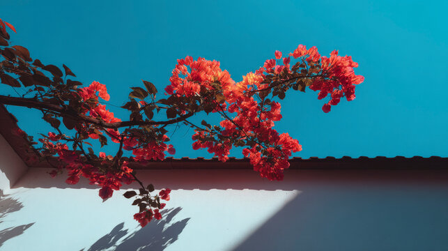 A branch of a tree with red flowers is in the sunlight