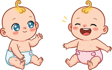 Cute Cartoon Baby Boy and Girl Sitting, Smiling and Playing, Adorable Infant Character Illustration for Nursery, Family, or Education Design