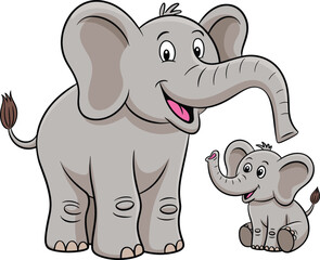 Cute Cartoon Elephant Mom and Baby Illustration, Happy Animal Family Drawing, Adorable Wildlife Character for Kids Book, Poster, or Print