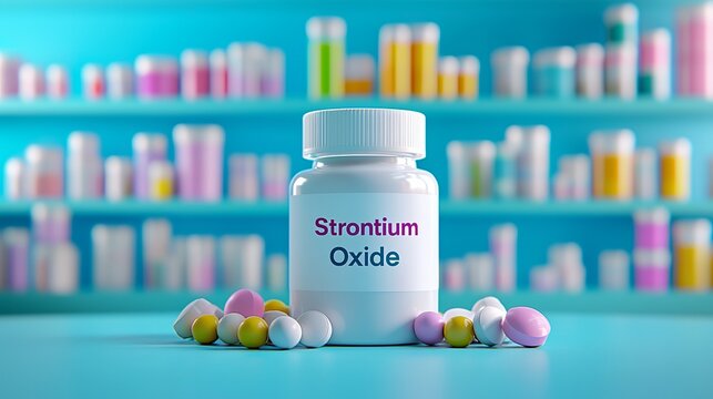 A vibrant display of a Strontium Oxide supplement bottle surrounded by various colorful tablets.