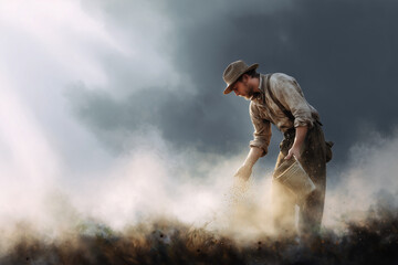 Vintage farmer sowing seeds in a misty field under dramatic cloudy sky, symbolizing hard work and agriculture