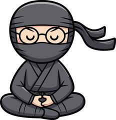 Cute Cartoon Ninja Meditating with Bonsai Tree, Peaceful Zen Warrior in Black Outfit, Japanese Martial Arts Character in Meditation Pose