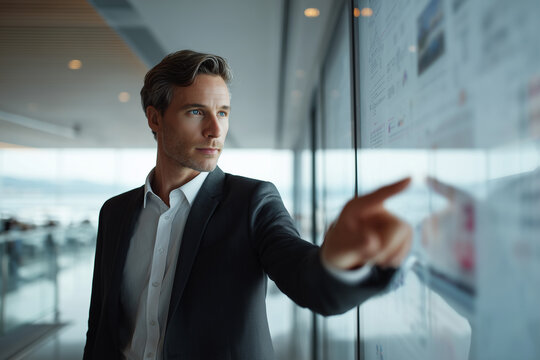 Confident businessman analyzing data and making strategic decisions on a digital screen in a modern office setting