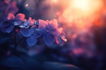 Blossoms of macrophylla bathed in warm sunset light at the garden