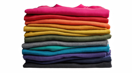A neatly stacked pile of colorful folded sweaters against a black background