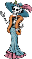 Elegant skeleton lady in vintage dress and hat, Día de los Muertos character, stylish Halloween or Day of the Dead design