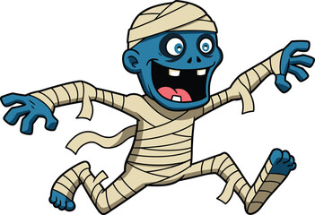 Funny Cartoon Mummy Character Running with Bandages Flying, Halloween Monster Illustration, Humorous Undead Zombie for Kids and Holiday Designs