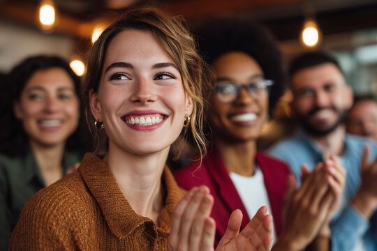 Diverse group of young adults smiling and applauding during a positive social or professional gathering indoors