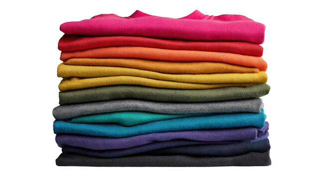 A neatly stacked pile of colorful folded sweaters against a black background