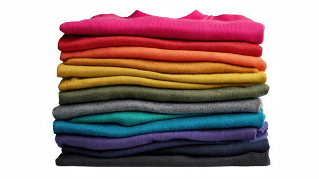 A neatly stacked pile of colorful folded sweaters against a black background