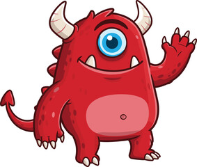 Red cartoon monster cad drawing flat vector illustration, one-eyed creature with horns and claws waving happily, front view fantasy character pose