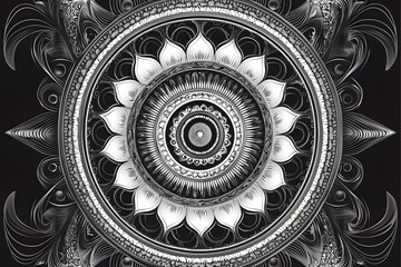 Intricate Monochrome Mandala: Circular Design, Black and White, Geometric Pattern, Artistic Ornament