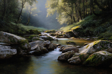 Serene forest stream flowing gently over moss-covered rocks under soft sunlight in a peaceful natural landscape