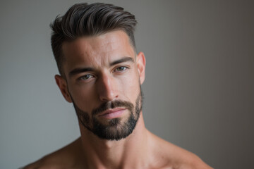 Close-up portrait of a handsome young man with beard and styled hair looking thoughtfully at the camera