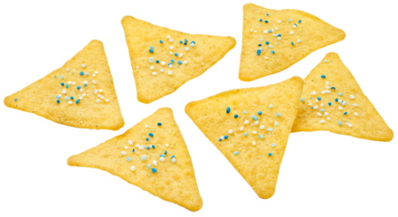 A vibrant display of colorful tortilla chips arranged artistically on a white background, perfect for snack promotions or recipes