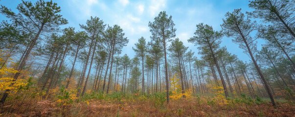 View looking up through tall pine trees in a forest with autumn foliage and a cloudy blue sky above