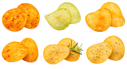 Assorted crispy potato chips in various flavors arranged on a white background, ideal for snack advertisements and food photography