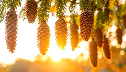 Pine cones hanging from branches at sunset