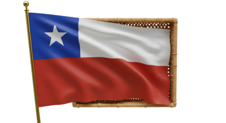 Chilean flag waving proudly in the wind, showcasing national colors with a wooden pole, set against a clear blue sky
