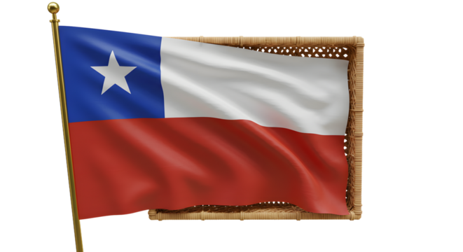 Chilean flag waving proudly in the wind, showcasing national colors with a wooden pole, set against a clear blue sky