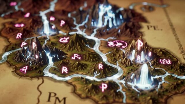 Glowing Fantasy Kingdom Map with Magical Runes, Rivers, and Mythical Landmarks