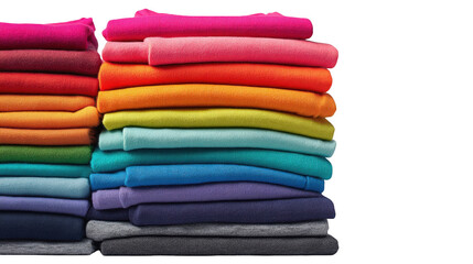 Two stacks of folded colorful fabrics against a black background in a studio shot