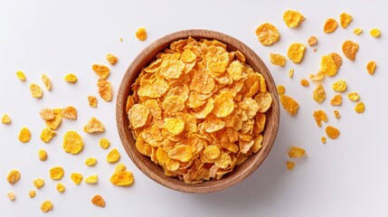 Breakfast cereal. Tasty corn flakes on white background, flat lay. Space for text