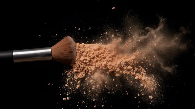 Cosmetic brush spreading loose powder in air against a black background. This dynamic beauty shot captures makeup in motion &mdash; perfect for cosmetic ads, beauty tutorials, or makeup transitions.
