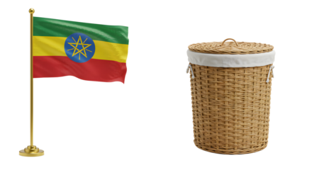 Ethiopian flag displayed alongside a traditional woven basket, symbolizing cultural heritage and craftsmanship in a vibrant setting