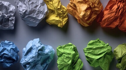 Fototapeta premium Color sheet of crumpled paper on grey background, top view