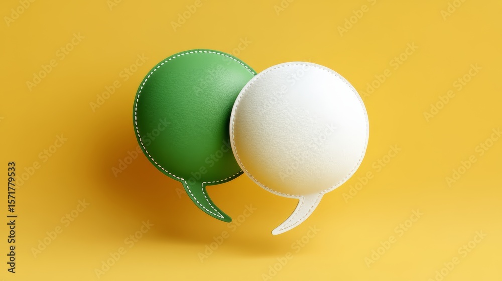 Fototapete two green and white speech bubbles are floating in the air on a yellow background. the bubbles are c