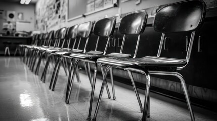 Empty classroom chairs in a row
