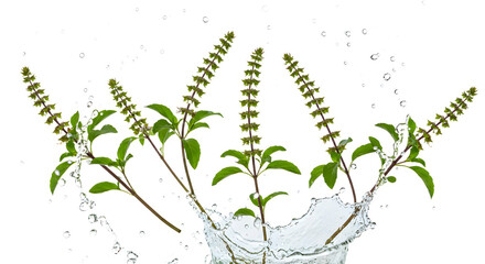 Fresh basil leaves splashing in water, creating a vibrant scene that highlights their texture and freshness