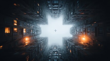Cross is drawn in the sky above a cityscape. The cross is surrounded by a blurry, hazy cityscape with tall buildings and a plane flying in the sky. Scene is mysterious and surreal