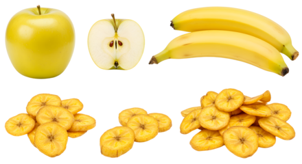 Fresh green apple, sliced, alongside ripe bananas and dried banana chips, set on a white background